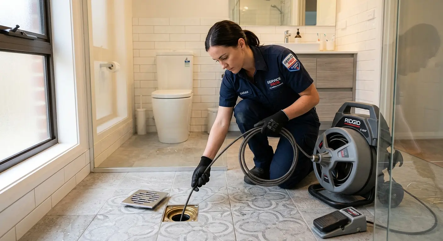 Technician clearing a bathroom floor drain for Hydro Jetting in Milford